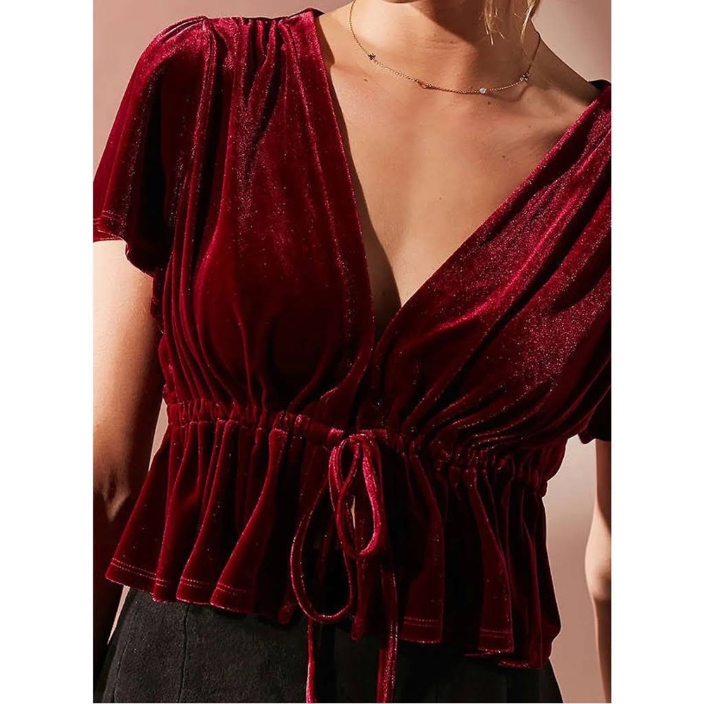 Urban Outfitters Red Velvet Tie-Front Blouse